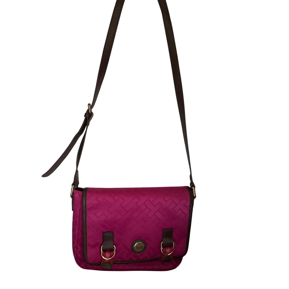 Tommy Hilfiger Pink Monogram Jacquard Nylon Crossbody Bag Brown Trim Gold Logo - Picture 11 of 11